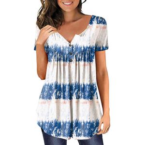 Women Blus Gradient Printed V Neck Short Sleeve T Shirts Button Pullover Tops Blusa Tunic Shirt Blue Tops Vetement Femm L220705