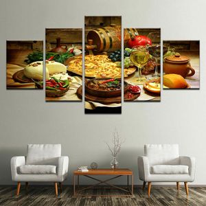 Restaurant Kitchen Food Wine Life Poster 5 PCS Moderna konst Väggbilder Tryck HD Canvas Hemma vardagsrum Dekoration Nej inramad