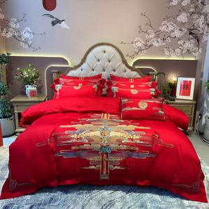 2022 Luxury 100% Cotton 5st China Wedding Red Bedding Set Däcke Cover Bedlakkudde Pudowcase Stain Bed Embroider King Queen Beautiful Noble Palace Royal Bed
