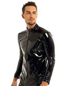 Men s T Shirts Black Men Shiny Metallic Long Sleeve Front Zip Stand Collar Tops Wet Look Patent Leather Nightclub Style T shirt Top Coat