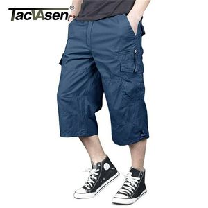 TACVASEN 100％コットンの下の膝の長さ3/4ロングショーツメンズ戦術パンツマルチポケット夏のツイルワーク貨物男220325