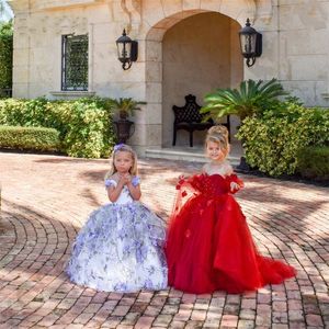 Violette Spitze Ballkleid Blumenmädchenkleider Applikationen Tüll Geburtstagskleid Stickerei Kleinkind Kommunionkleid