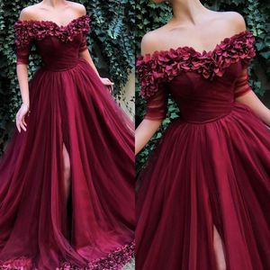 Prom Dresses Elegant Carmine Off Shoulder Handmade Embroideries Rose Petals Tulle Fabric Evening Special OccasionsProm