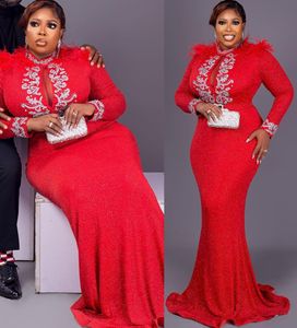 2022 Plus Size Arabic Aso Ebi Red Mermaid Sparkly Prom Dresses Pärled Feather Evening Formal Party Second Reception Födelsedagsengagemang Klänningar ZJ216