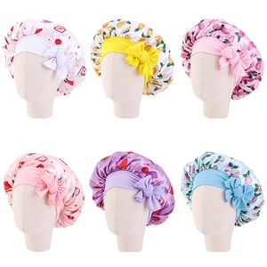 Kids Satin Cap Floral Pattern Bonnet With Stretch Band Tie Head Wrap Baby Night Sleep Hat Soft Headcover Cute Headwear Hair Care Cap