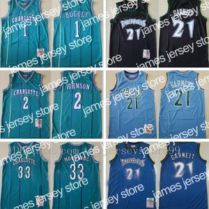 Yeni Top% 100 Dikişli Alonzo Mourning Jersey 33 Larry Johnson 2 Tyrone Muggsy Bogues 1 Kevin Garnett Mavi Yeşil Siyah Takım 21 Basketbol Formaları