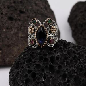 Cluster-Ringe aus Sterlingsilber, Smaragd, Rubin, Zirkon, filigraner Hercai-Reyyan-Ring, eingelegter mardinischer assyrischer türkischer verstellbarer Schmuck, ButterflyClu