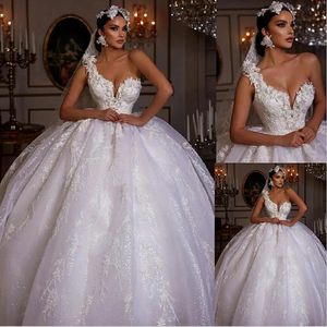 Luxuriöses, schulterfreies, kurzärmliges, mit Perlen verziertes Ballkleid-Hochzeitskleid, wunderschöne Applikationen, Spitze, Hofschleppe, Prinzessin-Hochzeitskleider