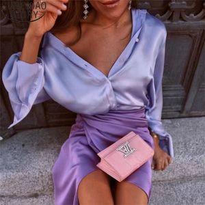 Eleganckie satynowe koszule kobiety modne topy Spring Solid Bluzki z długim rękawem vintage fioletowe swobodne luźne guziki 18913 220725
