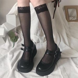 Socks & Hosiery Black White Lace Ruffle Lolita Stocking Women Breathable Knee High Elastic Transparent Long Sock Cosplay Princess SoxsSocks