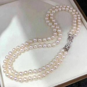 20-дюймовые двойные пряди 7-8 мм натуральное ожерелье Акоя Белое Жемчужище