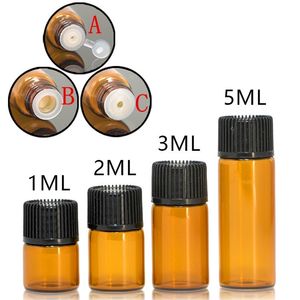 100pcs 1ml/2ml/3ml/5ml空のドラムアンバーガラスエッセンシャルオイルボトル薄いガラス小アンバー​​香水オイルバイアルサンプルテストボトル220711