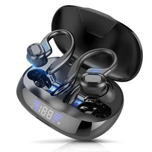Fones de ouvido Bluetooth TWS com microfones Gancho para orelha esportivo Display LED Fones de ouvido sem fio HiFi estéreo Fones de ouvido à prova d'água