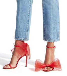Luxurious Designer AVELINE Women Sandals Mesh Bows Stiletto Heel Ankle Strap Birdals Party Dress Elegant Lady Pumps Black White Red 2022 shoes