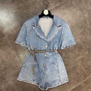 FABPOP Short Sleeve Turn Down Collar Single Breasted Buttons High Waist Blue Denim Playsuits Romper Metal Chain Belt GB462 210709