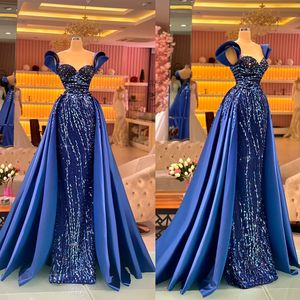 Royal Blue Stylish Evening Dresses Beaded Sheer Neck Jewel Party Glows With Overskrits Prom Dress Floor Length Robe de Soriee