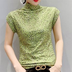 Shintimes Nowy jesień mody lampart t-shirt Turtleeck Tshirt krótkie rękawe koszulka Kobiety 3xl Plus Size Ubrania 210311