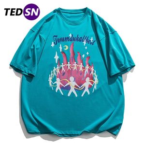 Tedsn Mektuplar Kamp Ateşi Karikatür Graffiti T Shirts Erkekler Gündelik Sokak Giyim Yaz Harajuku Gevşek Üstler Tees Kısa Kollu Tshirt Erkekler 220622