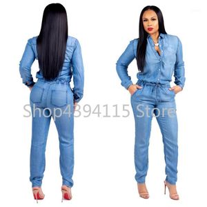 Kobiety Jumpsuits Rompers Vintage Dżinsy Plus Dżinsy Zamknij kołnierz Bandage Bandage Dżins Bodysuits Combinaison S-3xl