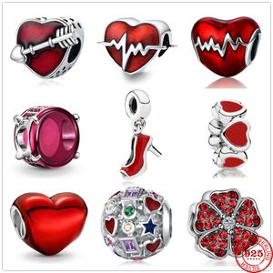 925 Sterling Silver Dangle Charm red oil color electrocardiogram Beads Bead Fit Pandora Charms Bracelet DIY Jewelry Accessories