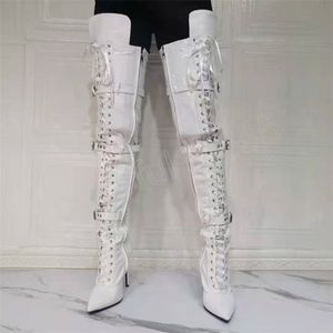 Handmade Women Over The Knee Buckle Boots Sexy Stiletto Heel Pointed Toe White Red Black Night Club Shoes