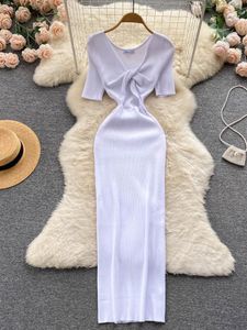 Casual Dresses Kimotimo Women Kink V-neck Knitted Dress Summer Sexy Slim Bag Hip Bottoming High Split Long Elegant Chic Solid VestidosCasual