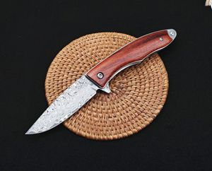 Faca dobrável Damascuss Flipper de alta qualidade VG10 Damasco Ponto de aço Ponto de panela de panela de pau -rosa rolamento Rolamento EDC Knives com bainha de couro