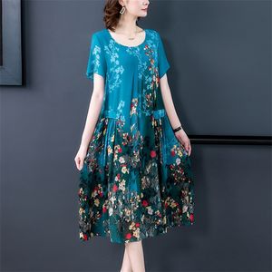 Blue Floral Chiffon Vintage Midi Dresses Elegant Female 4XL Plus Size Print Sundress Summer Party Bodycon Runway Vestidos 220516