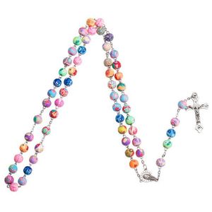 Pendant Necklaces 8mm Colorful Polymer Clay Beads Rosary Cross Necklace Virgin Mary Centrepieces Christian Catholic Religious JewelryPendant