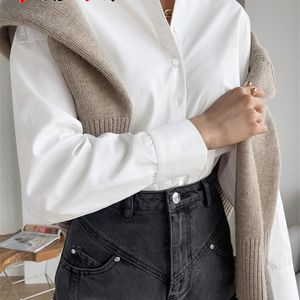 白い女性の特大のシャツ綿100％ブラウスエレガントな秋のカーキベーシックトップカラー長袖美しいブラウスヴィンテージW220321