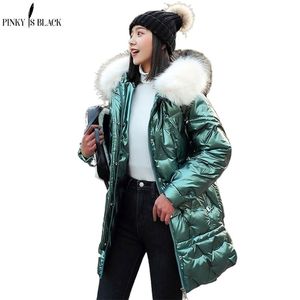 ピンキーブラックファッション冬のコートジャケットレディースフード付きウォームパーカス高品質の光沢のある女性ロングコレクション201210