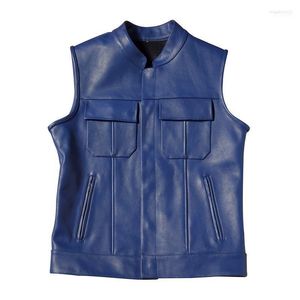 Men's Vests BONJEAN SOA Motorcycle Biker Leather Vest Blue Zipper Pocket Mens Genuine Sleeveless Jackets Cowhide Waistcoat M-2XL Stra22