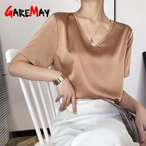 Schöne Damenblusen Sommer Kurzarm V-Ausschnitt Elegantes Seidensatinhemd Koreanische Mode Top Vintage Weißes Hemd 220615