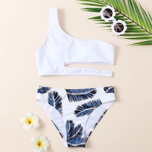 Tropical Leaf Print Girl Swimsuit Kids One Shoulder Bikini Set Cut Out Two Piece Children's Swimwear 7-14Years Bathing Suit 220426