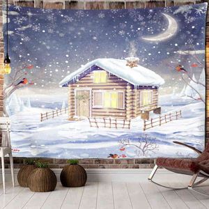 Christmas Snow House Tapestry Star Sky Psychedelic Forest Wall Hanging Festival Home Room Cute Decor J220804