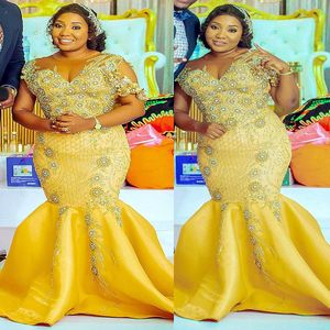 2022 Plus Size Arabic Aso Ebi Gold Luxurious Mermaid Prom Dresses Beaded Crystals Evening Formal Party Second Reception Birthday Engagement Gowns Dress ZJ477