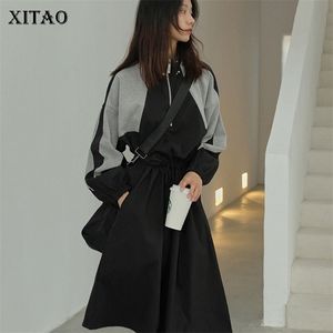 Xitao Autumn Black Splice Midi Dress Plus Size Women träffar färg Vintage DrawString Långärmad stativ Collar New Zll1946 T200416