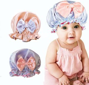 Kids Satin Solid Color Sleeping Hat Night Sleep Baotou Cap Cute Bow Elastic Hair Care Bonnet Nightcap Bonnet Turban Headwear