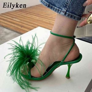 Eilyken 2022 New Feather Spray Flowers Style Thin High Heels Round Toe Buckle Strap Summer Women Outdoor Party Sandals Shoes Y220409