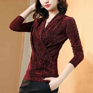 Frauen Frühling Herbst Stil Blusen Hemd Damen Pailletten Slim Leopard Gedruckt Langarm Elegante Vneck Tops DD8768 210401