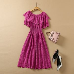 2022 Summer Off Shoulder Slash Neck Hot Pink / Apricot Solid Color Ruffle Neckline Mid-Calf Dress Elastic Waist Elegant Casual Dresses 22Q192318