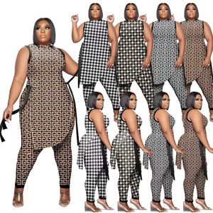 Sommar XL-5XL Print Plus Size Tracksuits för Kvinnor Ärmlös Oregelbundna Hem Toppar Och Casual Byxor Lossa Två Piece Sats PH13268