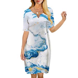 Damenkleid Ocean Spray 3D-gedrucktes V-Ausschnitt Loses lässiges Kurzarm-Etuikleid für Damenkleider Weißes Kleid 220616