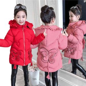 2021 New Cute Butterfly Thick Warm Girls Winter Jacket Heavy Capispalla con cappuccio per ragazza Outdoor Adolescente Giacca a vento per bambini J220718