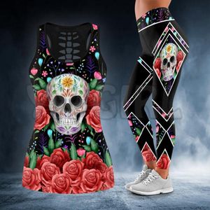 Dwuczęściowe spodnie damskie czaszka caro róża z czołgiem z czołgiem top nogawki kombinacja stroju joga fitness Womenwomen s