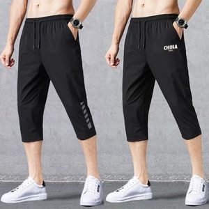 Elastic waist Mens Sports Summer Running Quick-dry Slim 3/4 StreetWear Tracksuit Fashion Jogger Jogging Black cropped Pants Men