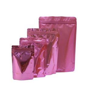 100 st Pink Stand Up Aluminium Foil Zip Lock Food Storage Packaging Bag Färgglad självförsegling Förpackning Kaffebönväskor 201021