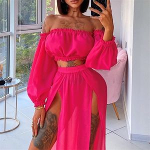 Women Beach 2pcs Bikini Cover-Ups Swimsuit Off Shoulder Top+ High Waist Dresss Sexy Ladies Swimming Cover Up Bathing Suit 220504