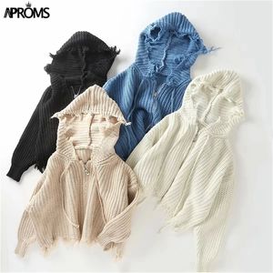 Aproms casual tassel huva stickad tröja kvinnor blixtlås löst beskuren cardigans 2020 vinterrock cool gilrs streetwear jumper lj200815