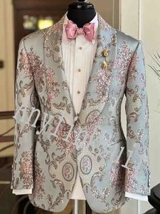 Echte foto Damast Bruidegom Tuxedos Shawl Collar Men Prom Business Suits Blazer Dress Jurk aanpassen W1498